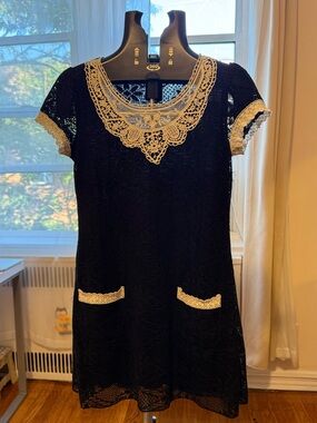 Black Lace Midi Dress with Cream Lace Trim
